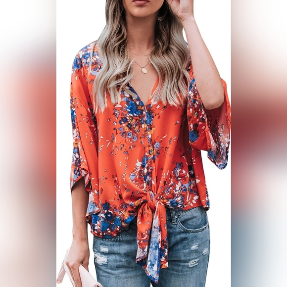 Tops - Chiffon floral bat wing tie top